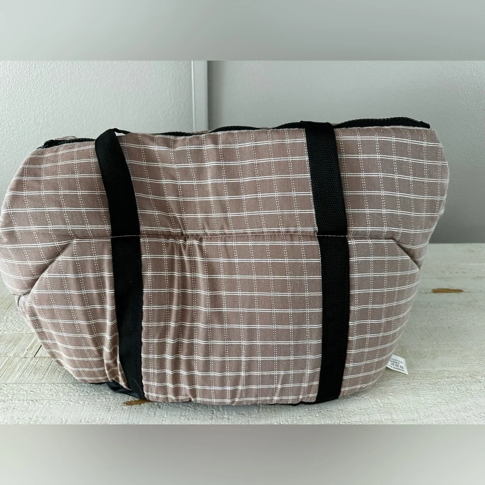Checkered Taupe Pet Carrier Tote with Black Straps